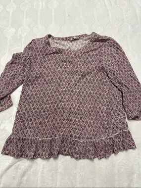 Anthropologie Womens Pink Patterned Ruffle-Hem Blouse